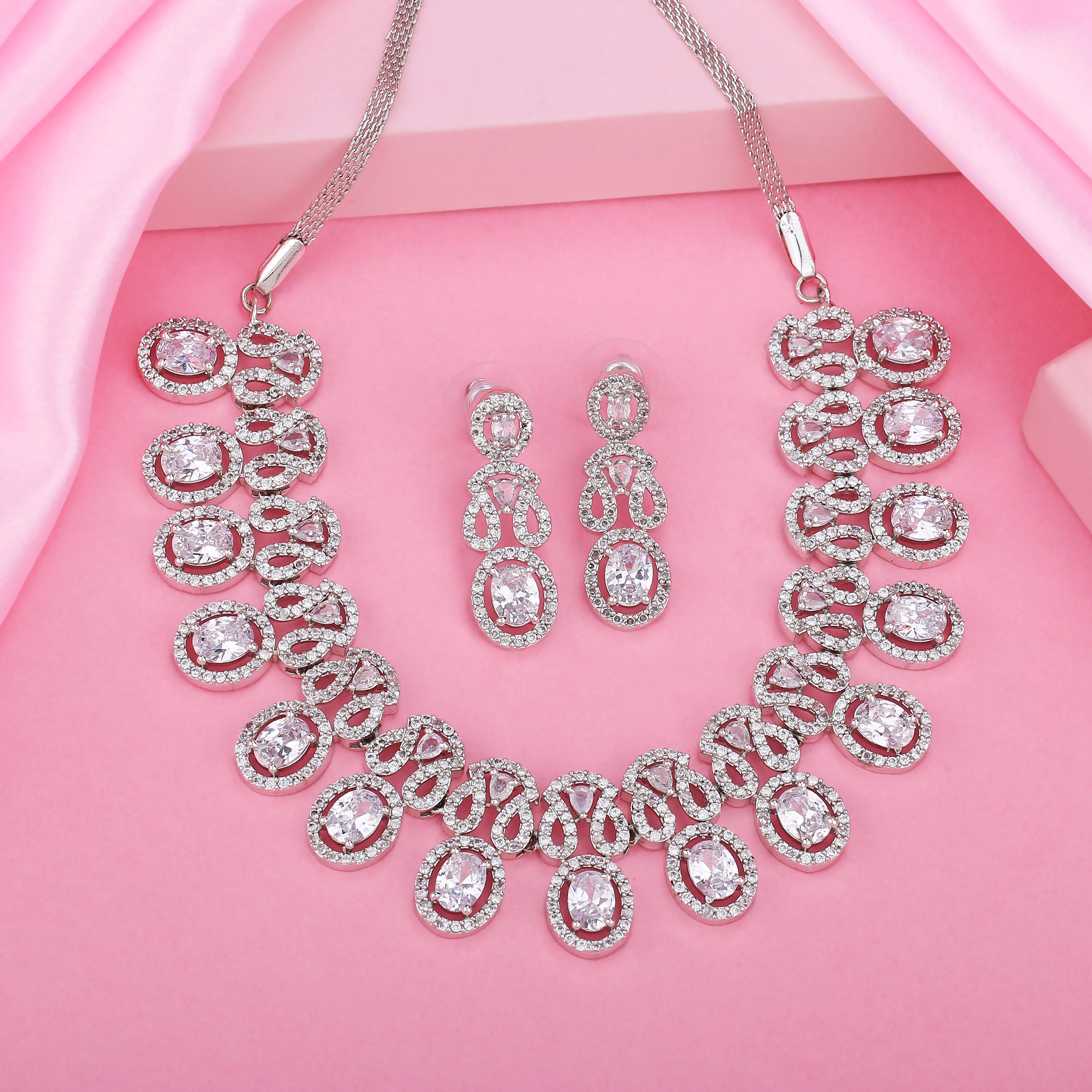 Estele Rhodium Plated CZ Glittering Necklace Set for Women