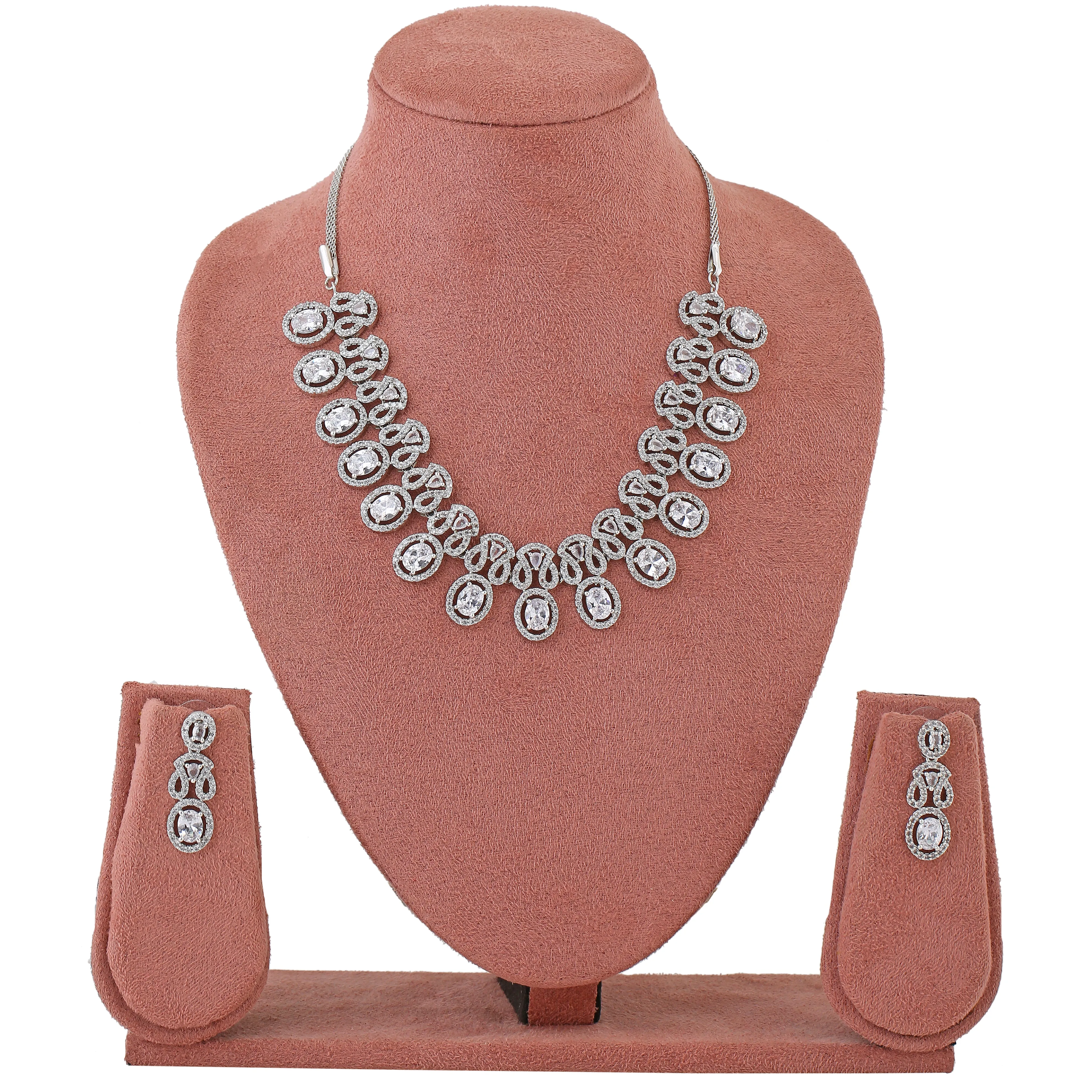 Estele Rhodium Plated CZ Glittering Necklace Set for Women