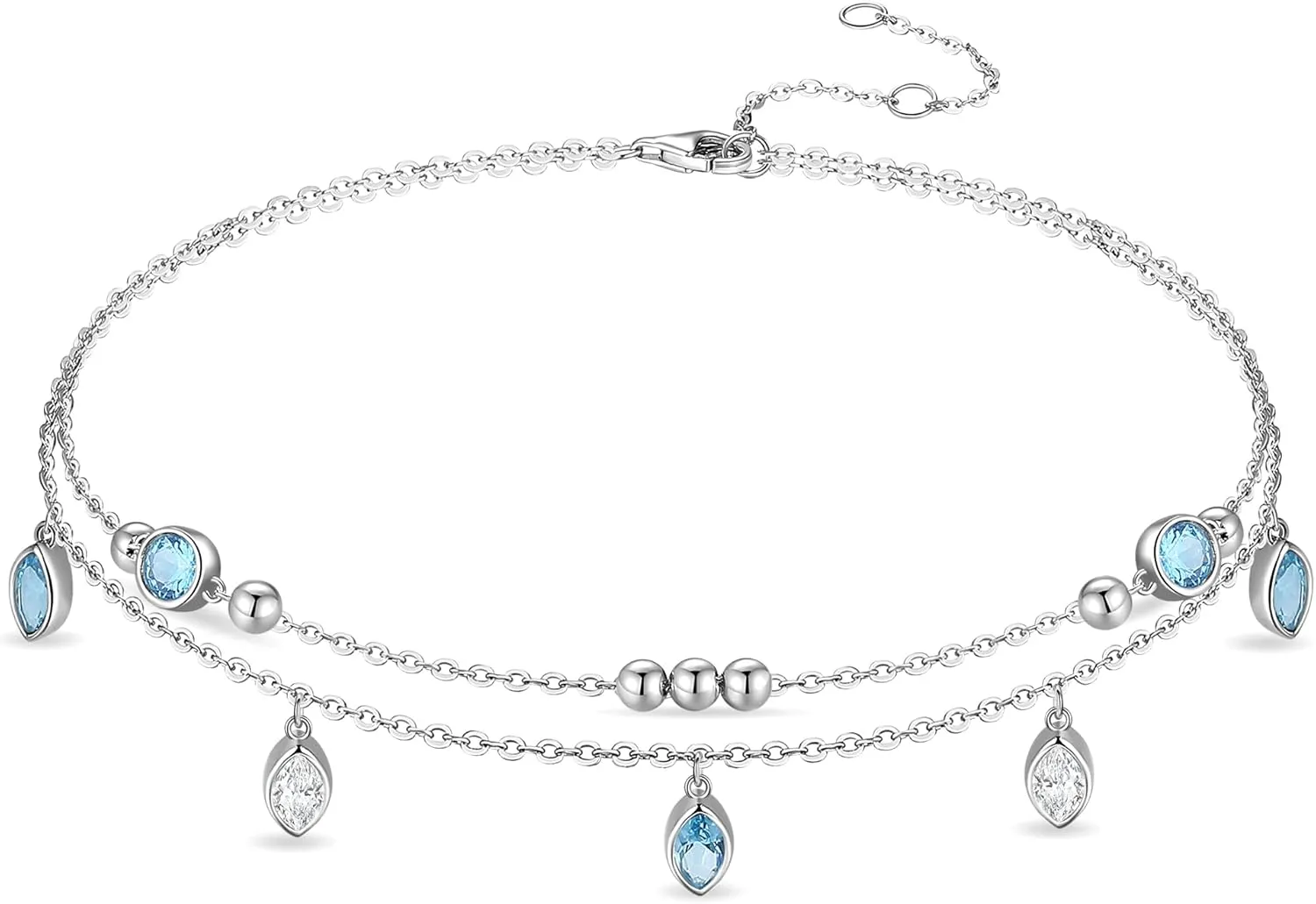 FANCIME Anklet Bracelets For Women, 925 Sterling Silver Layered Anklet Adjustable London Blue Topas December Birthstone Beaded Chain Beach Jewelry Gifts for Women