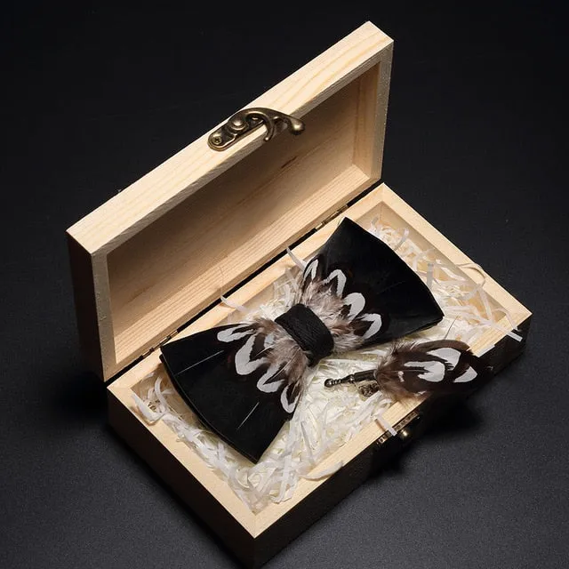 Feather Bow Ties & Brooches in Wooden Box Collection