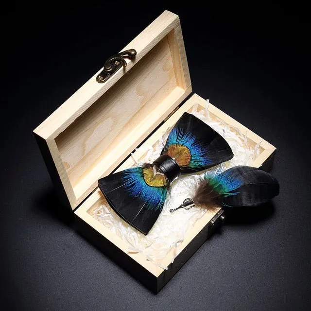 Feather Bow Ties & Brooches in Wooden Box Collection
