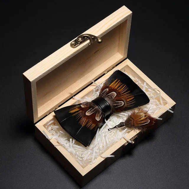 Feather Bow Ties & Brooches in Wooden Box Collection