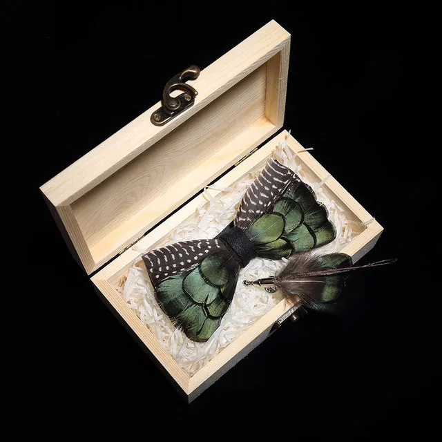 Feather Bow Ties & Brooches in Wooden Box Collection
