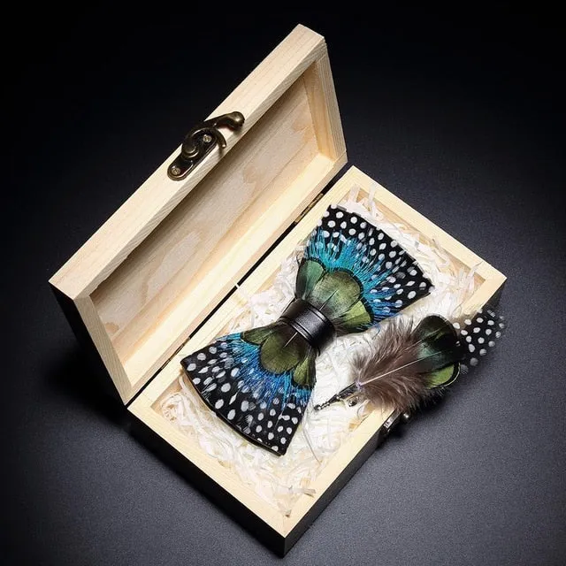 Feather Bow Ties & Brooches in Wooden Box Collection