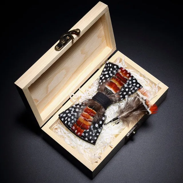 Feather Bow Ties & Brooches in Wooden Box Collection