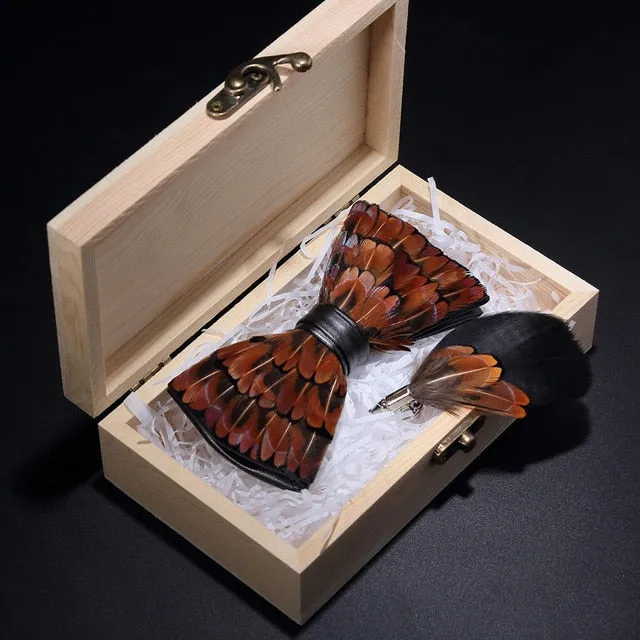 Feather Bow Ties & Brooches in Wooden Box Collection