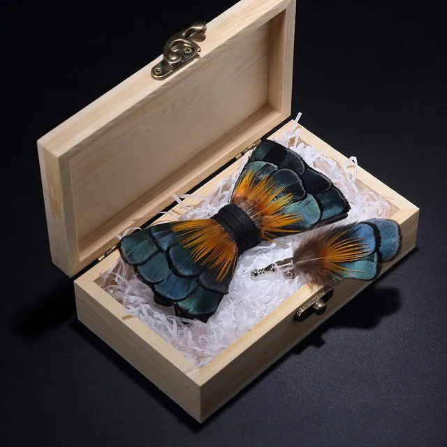 Feather Bow Ties & Brooches in Wooden Box Collection