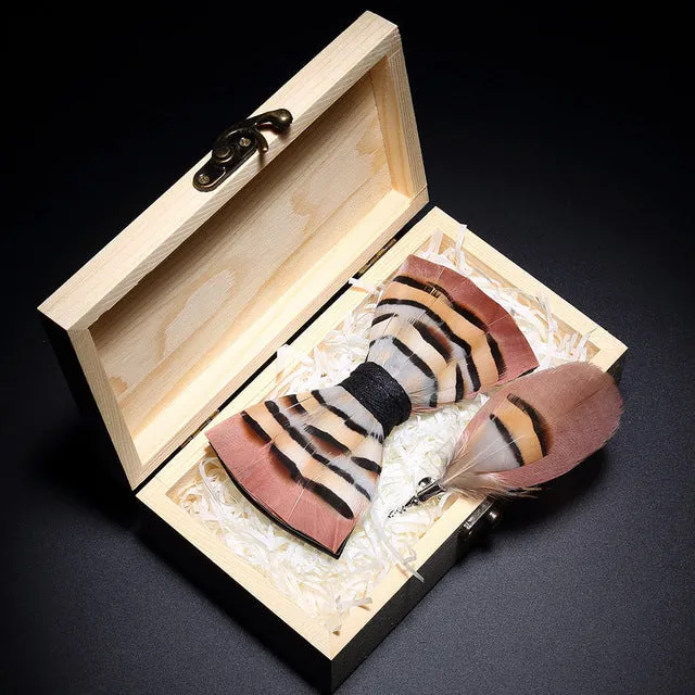 Feather Bow Ties & Brooches in Wooden Box Collection