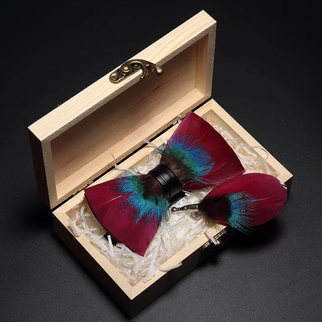 Feather Bow Ties & Brooches in Wooden Box Collection