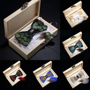 Feather Bow Ties & Brooches in Wooden Box Collection
