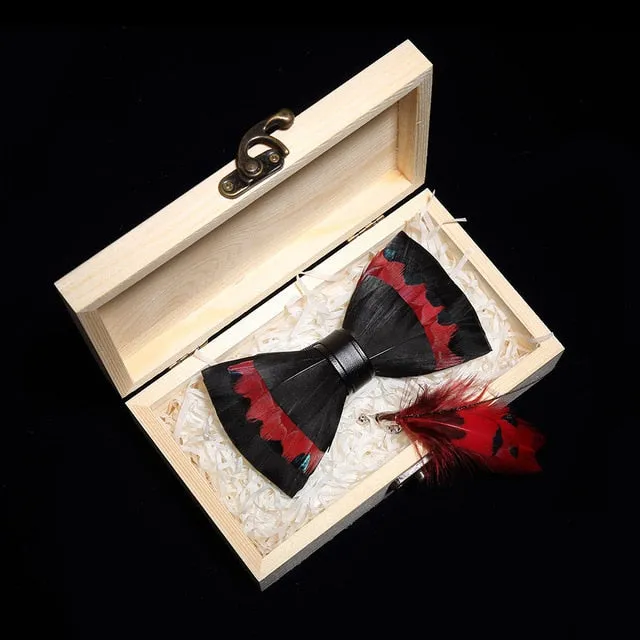 Feather Bow Ties & Brooches in Wooden Box Collection