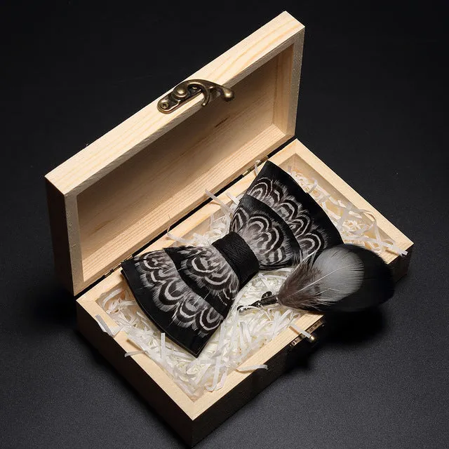Feather Bow Ties & Brooches in Wooden Box Collection
