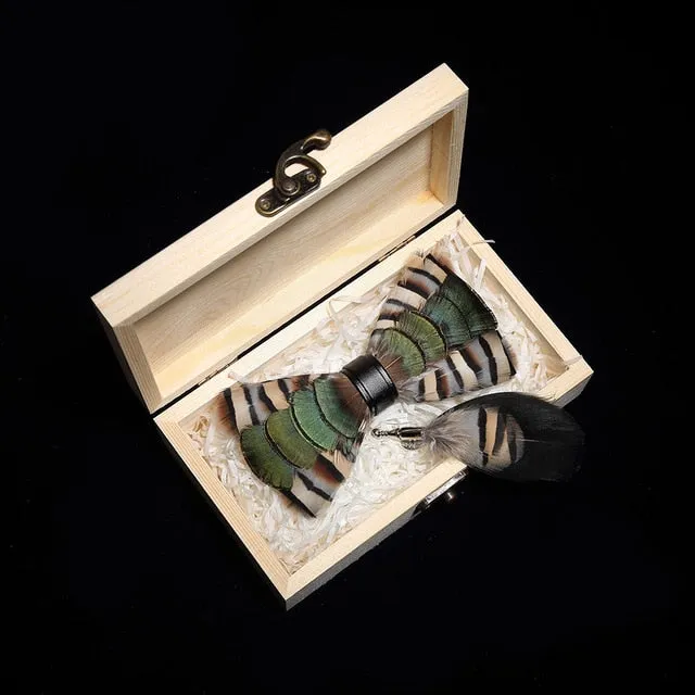 Feather Bow Ties & Brooches in Wooden Box Collection