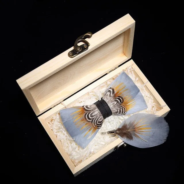 Feather Bow Ties & Brooches in Wooden Box Collection