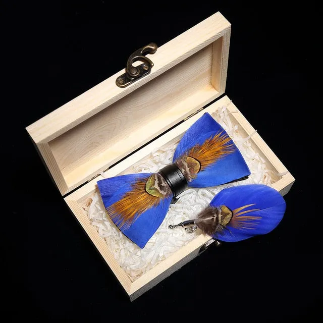 Feather Bow Ties & Brooches in Wooden Box Collection