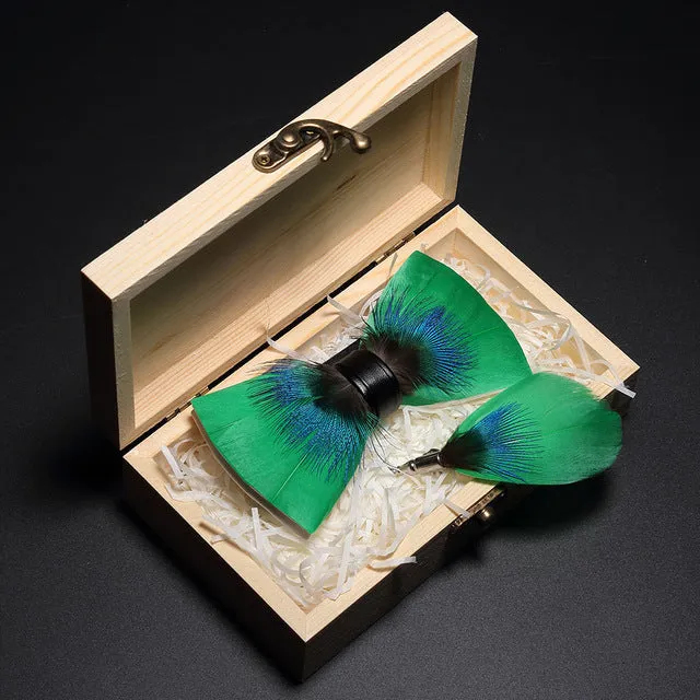Feather Bow Ties & Brooches in Wooden Box Collection
