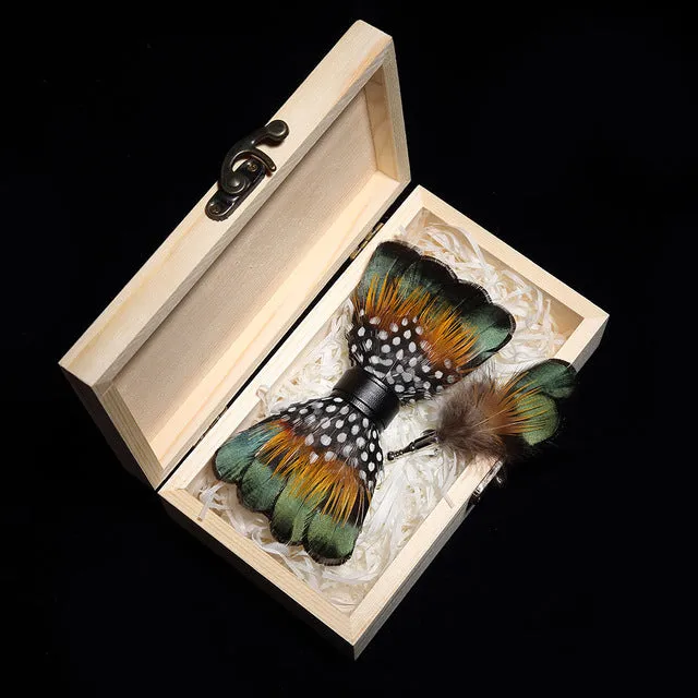 Feather Bow Ties & Brooches in Wooden Box Collection