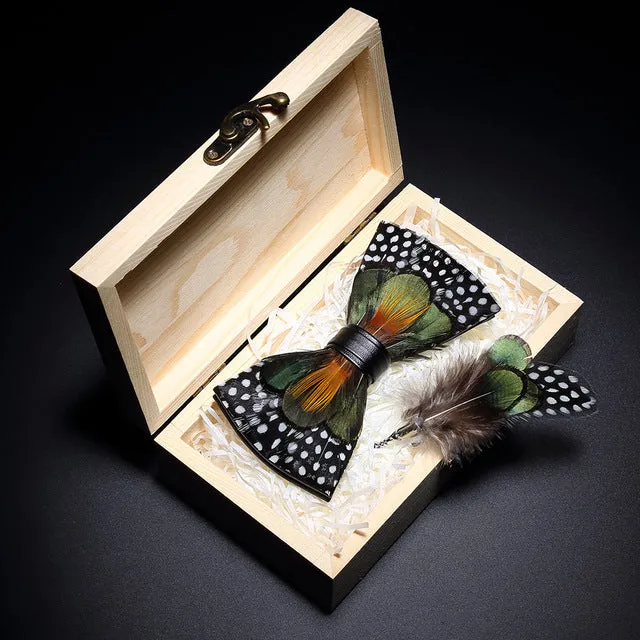 Feather Bow Ties & Brooches in Wooden Box Collection