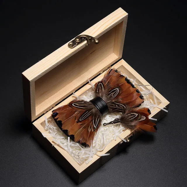 Feather Bow Ties & Brooches in Wooden Box Collection