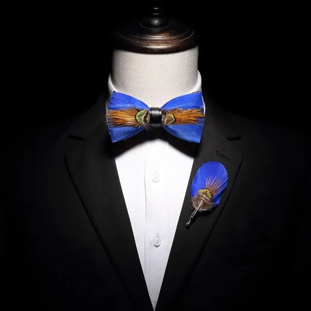 Feather Bow Ties & Brooches in Wooden Box Collection