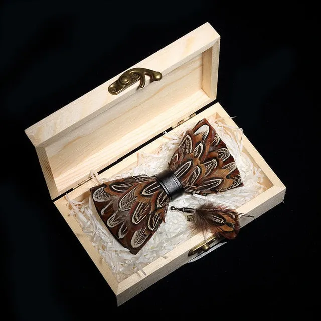 Feather Bow Ties & Brooches in Wooden Box Collection