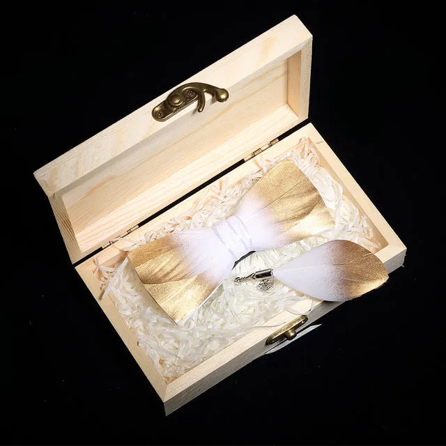 Feather Bow Ties & Brooches in Wooden Box Collection