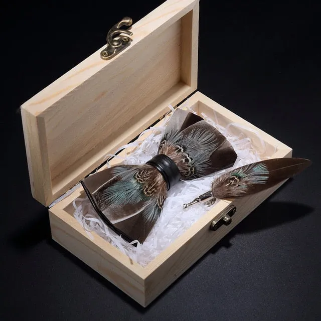 Feather Bow Ties & Brooches in Wooden Box Collection