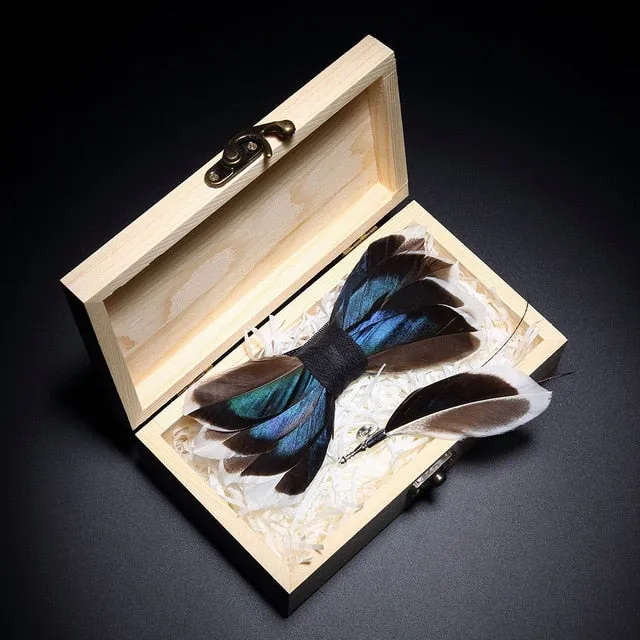 Feather Bow Ties & Brooches in Wooden Box Collection