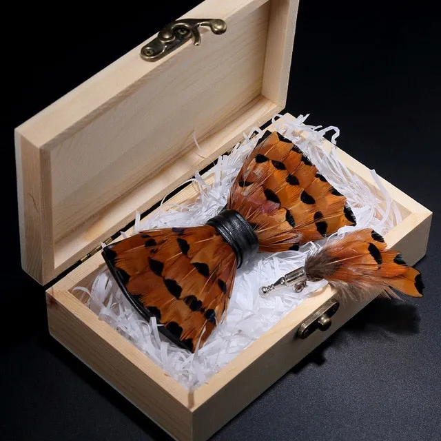 Feather Bow Ties & Brooches in Wooden Box Collection