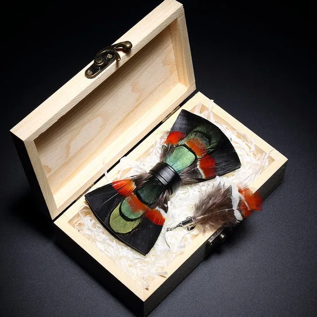 Feather Bow Ties & Brooches in Wooden Box Collection