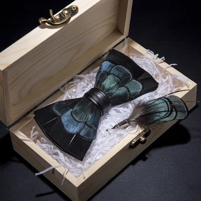Feather Bow Ties & Brooches in Wooden Box Collection