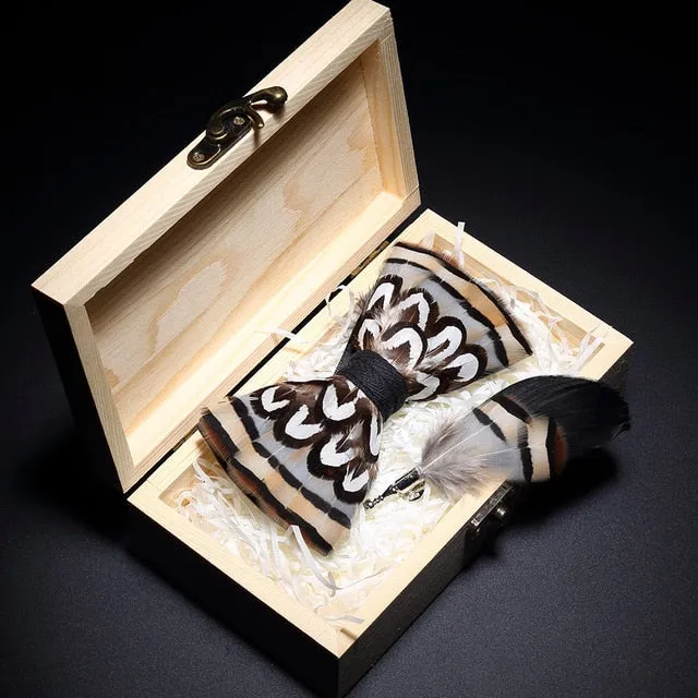 Feather Bow Ties & Brooches in Wooden Box Collection