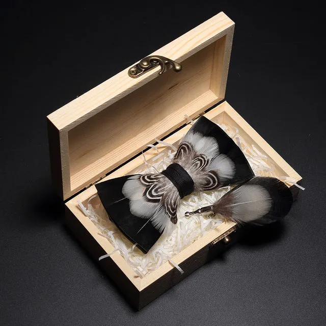 Feather Bow Ties & Brooches in Wooden Box Collection