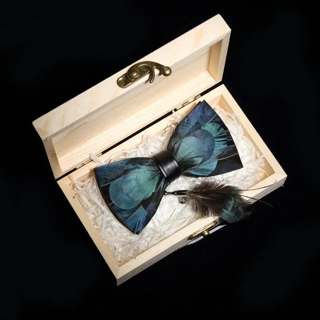 Feather Bow Ties & Brooches in Wooden Box Collection