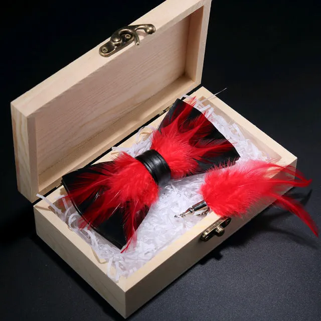 Feather Bow Ties & Brooches in Wooden Box Collection