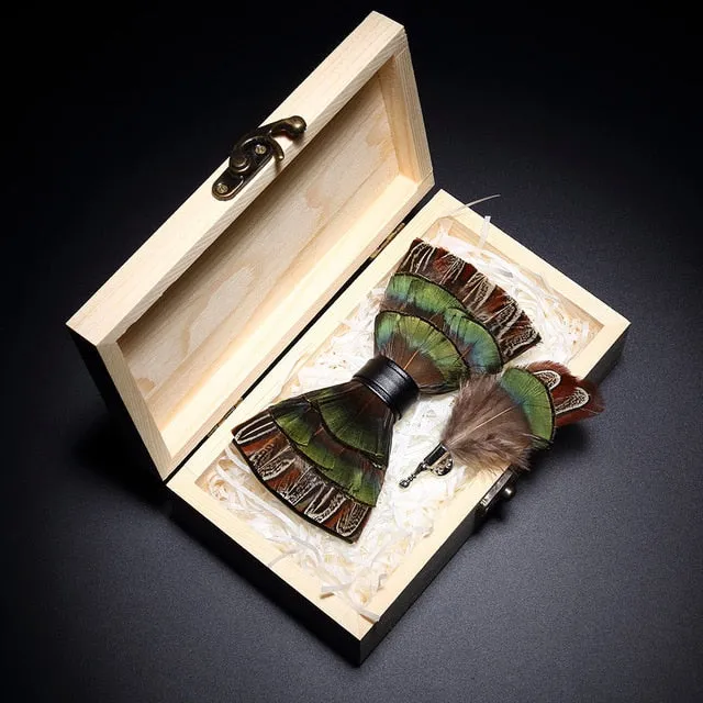 Feather Bow Ties & Brooches in Wooden Box Collection
