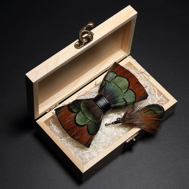 Feather Bow Ties & Brooches in Wooden Box Collection