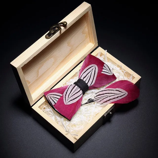 Feather Bow Ties & Brooches in Wooden Box Collection