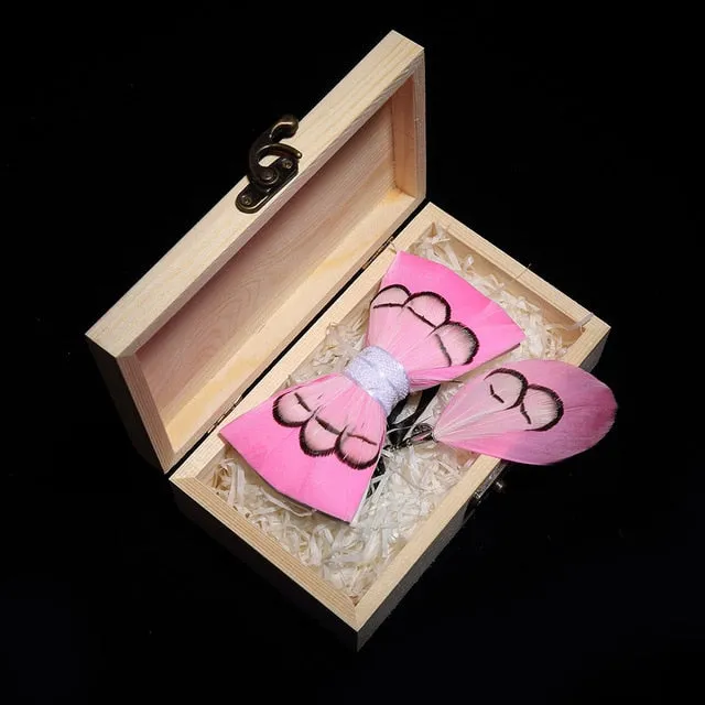 Feather Bow Ties & Brooches in Wooden Box Collection