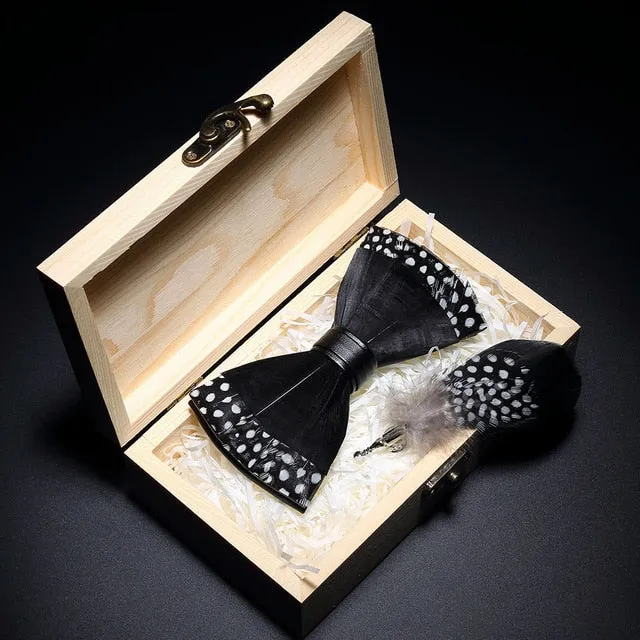 Feather Bow Ties & Brooches in Wooden Box Collection