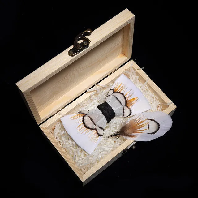 Feather Bow Ties & Brooches in Wooden Box Collection