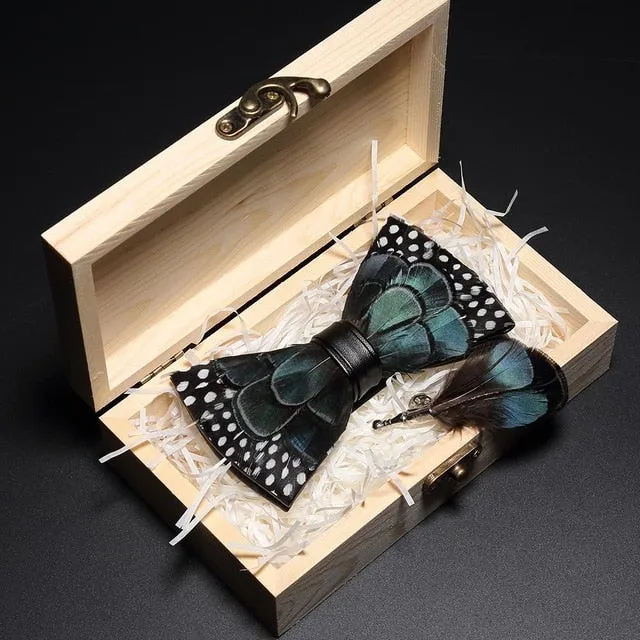 Feather Bow Ties & Brooches in Wooden Box Collection