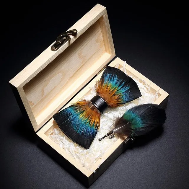 Feather Bow Ties & Brooches in Wooden Box Collection