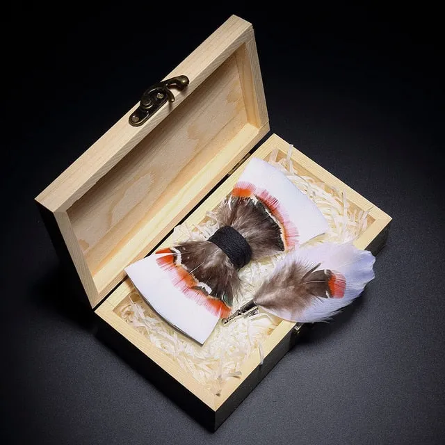 Feather Bow Ties & Brooches in Wooden Box Collection