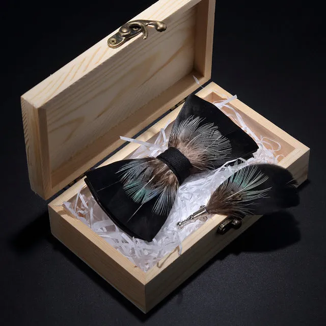 Feather Bow Ties & Brooches in Wooden Box Collection