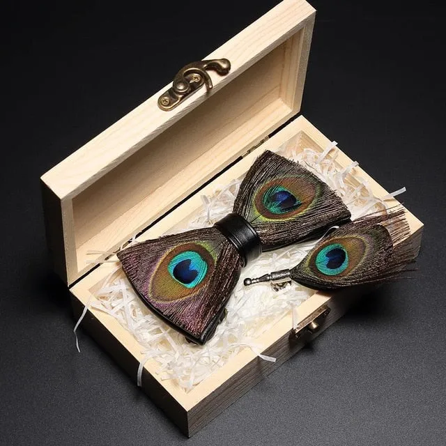 Feather Bow Ties & Brooches in Wooden Box Collection