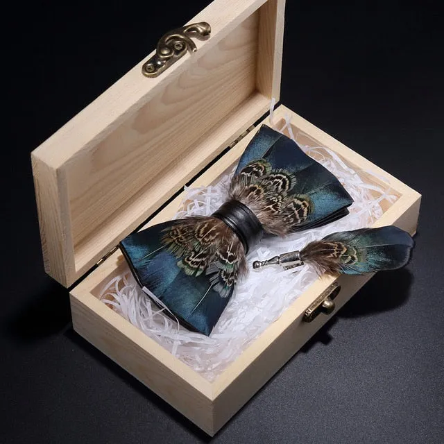 Feather Bow Ties & Brooches in Wooden Box Collection