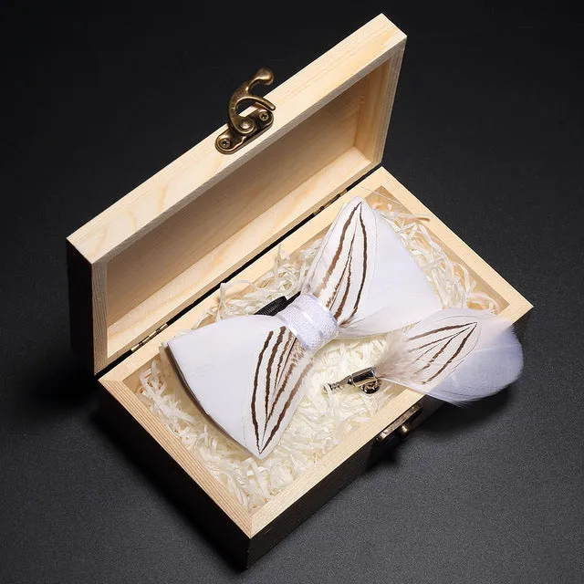 Feather Bow Ties & Brooches in Wooden Box Collection