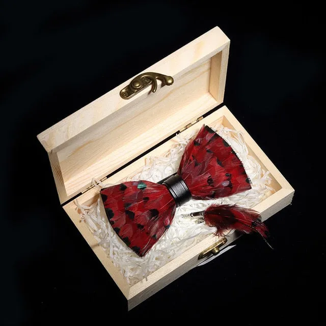 Feather Bow Ties & Brooches in Wooden Box Collection
