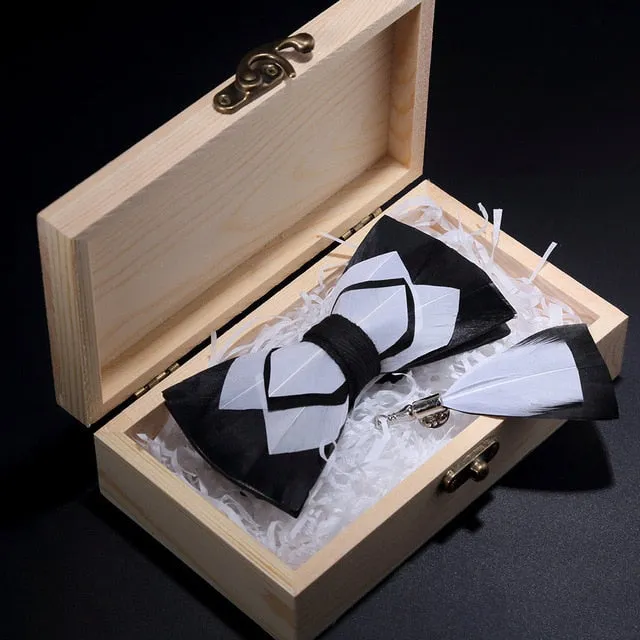 Feather Bow Ties & Brooches in Wooden Box Collection